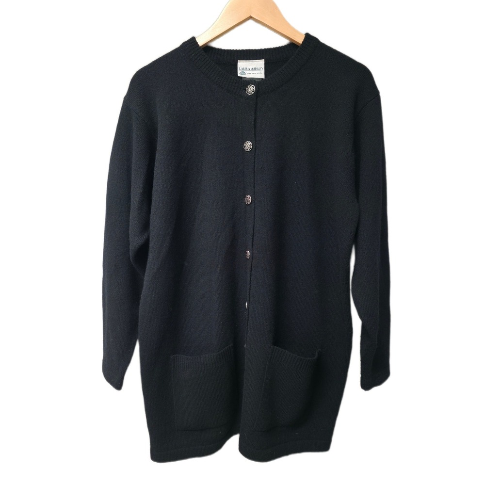 Laura Ashley Cardigan Womens Large Black Lambswool Longline Pocket Archival EUC